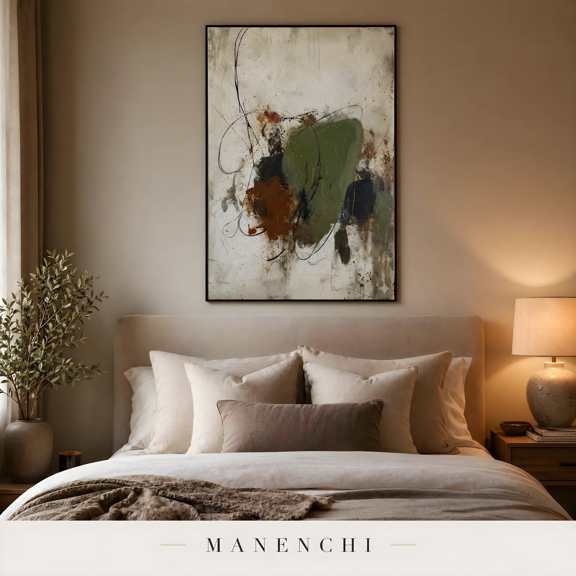 Organic Tectonic Strata abstract painting displayed in bedroom interior decor