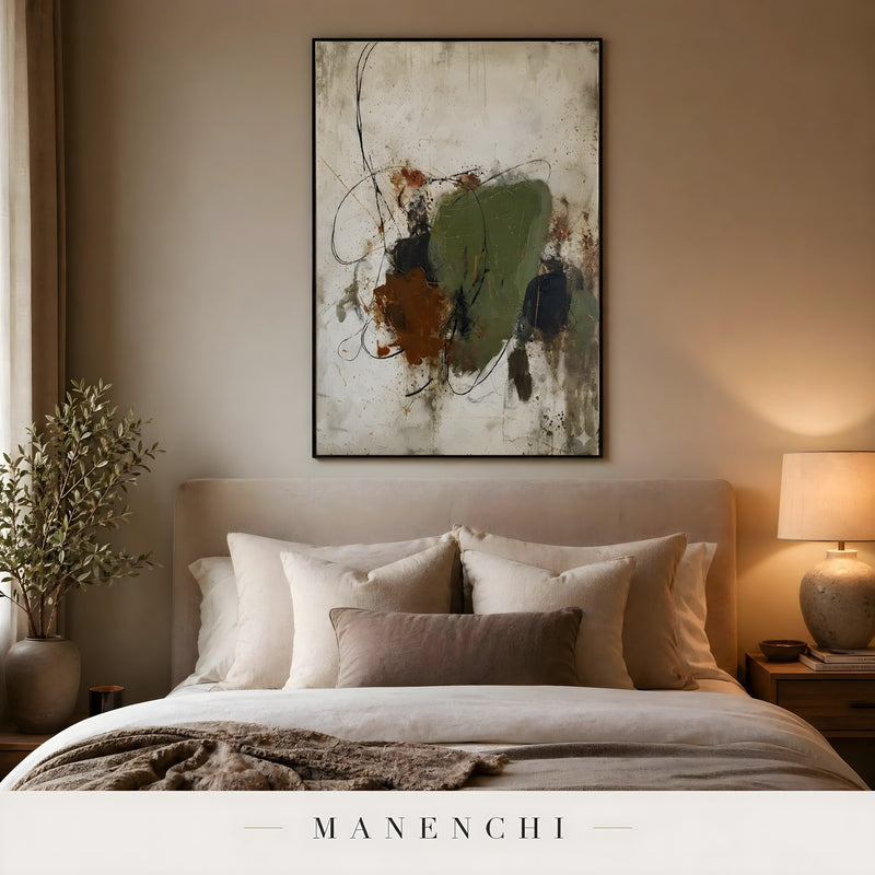 Organic Tectonic Strata abstract painting displayed in bedroom interior decor
