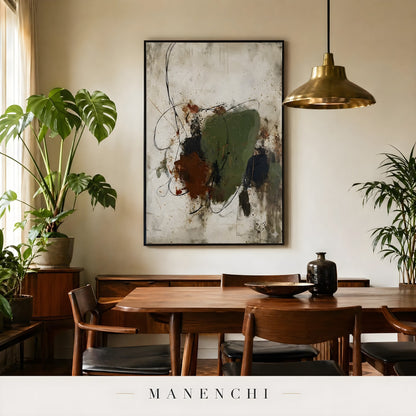 Organic Tectonic Strata abstract painting displayed in dining room interior setting