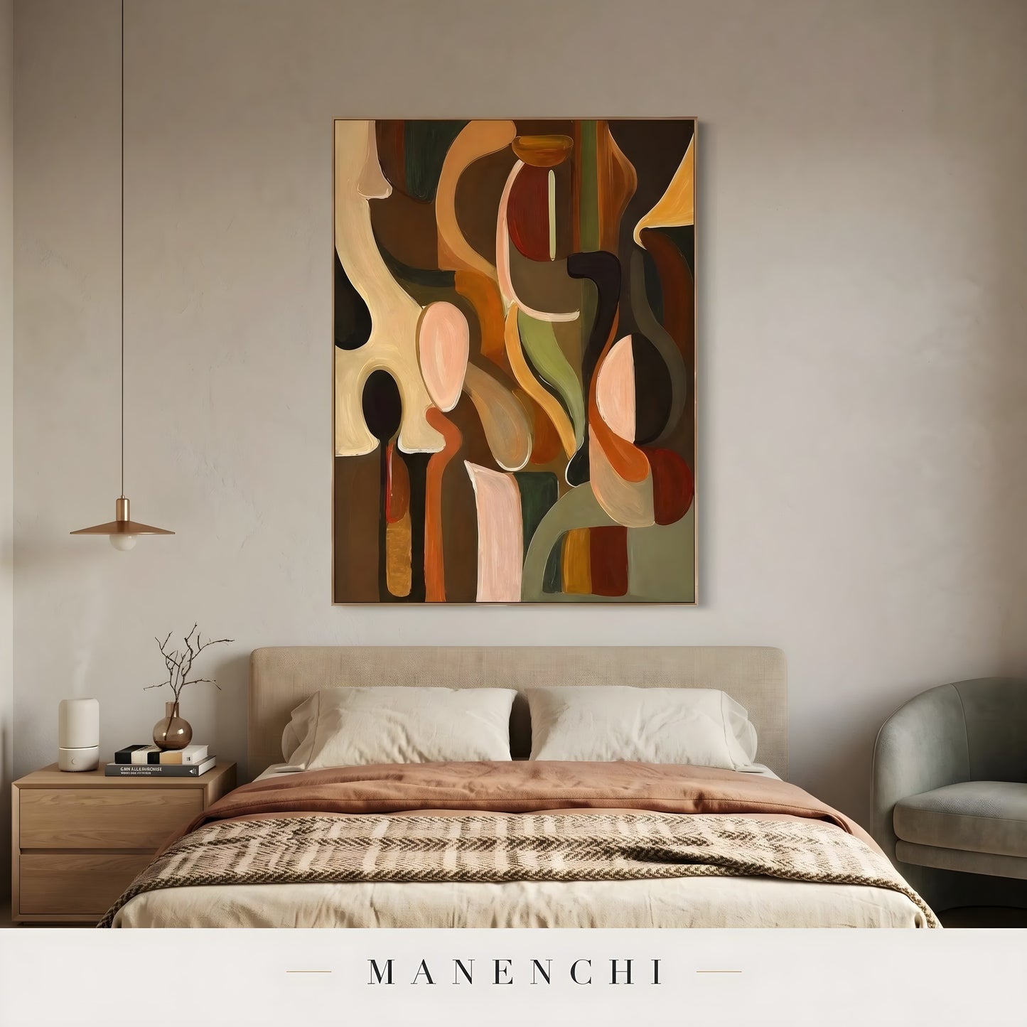 Organic Tonal Abstraction abstract painting displayed in bedroom interior decor