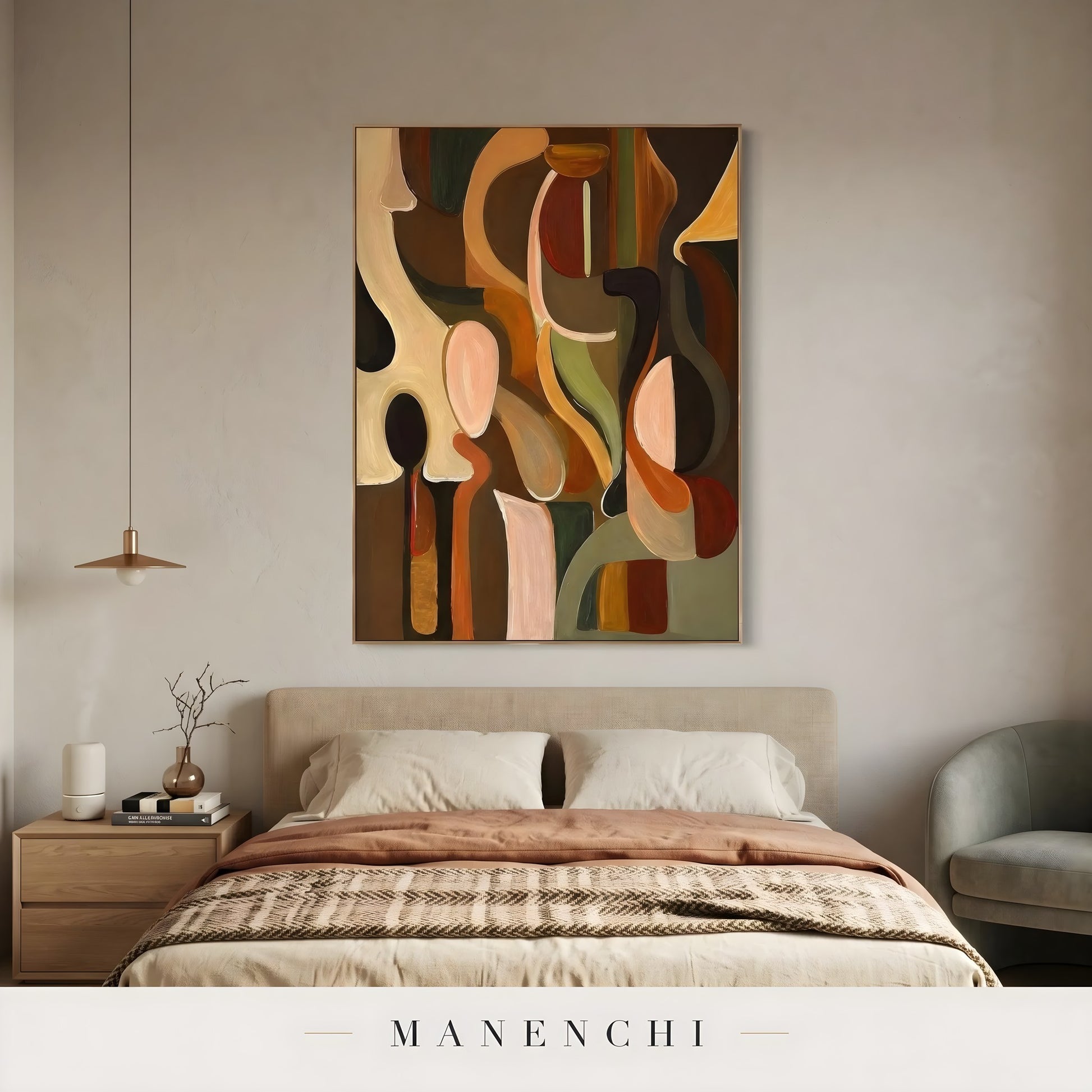 Organic Tonal Abstraction abstract painting displayed in bedroom interior decor