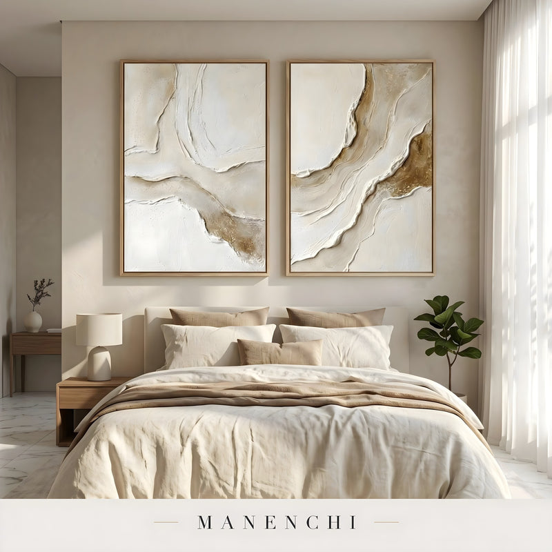 Organic Tonal Diptych abstract painting displayed in bedroom with art diptych