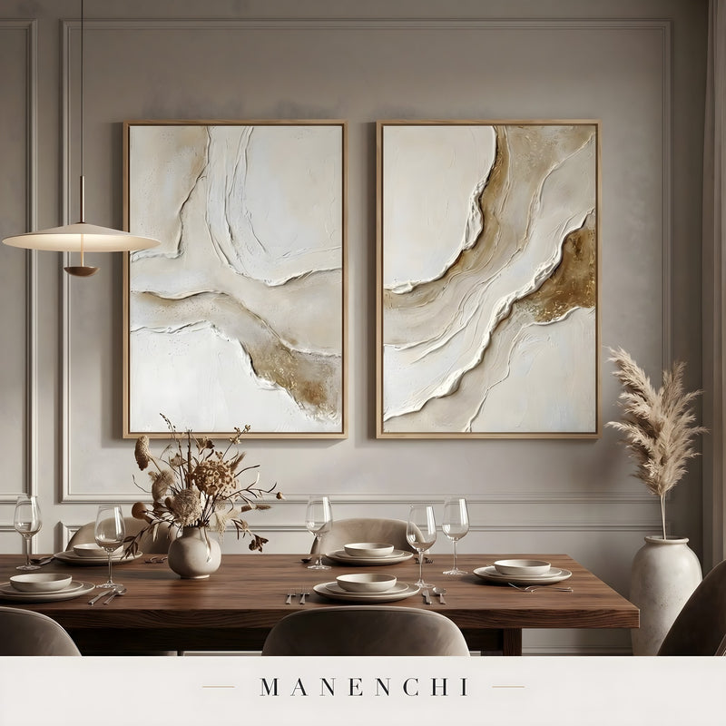 Organic Tonal Diptych abstract painting displayed in dining room wall art