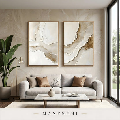Organic Tonal Diptych abstract painting displayed in living room sofa display
