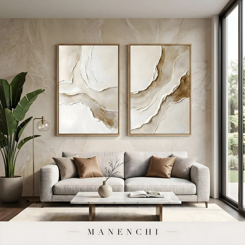 Organic Tonal Diptych abstract painting displayed in living room sofa display