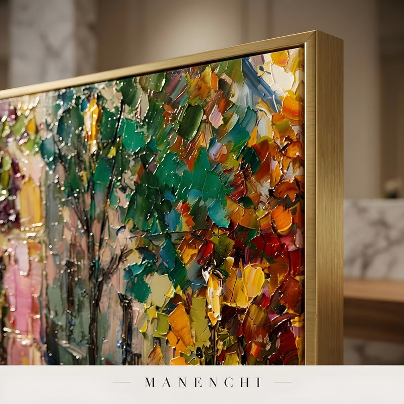 Close-up detail of the textured brushwork in Parisian Autumn Reverie