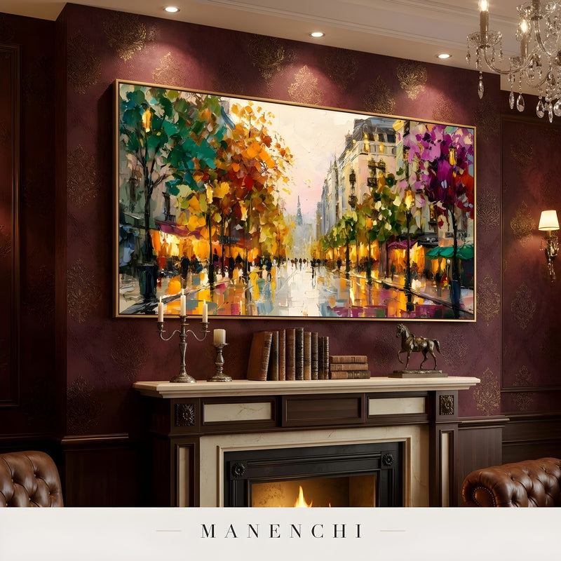 Parisian Autumn Reverie abstract painting displayed in fireplace mantel
