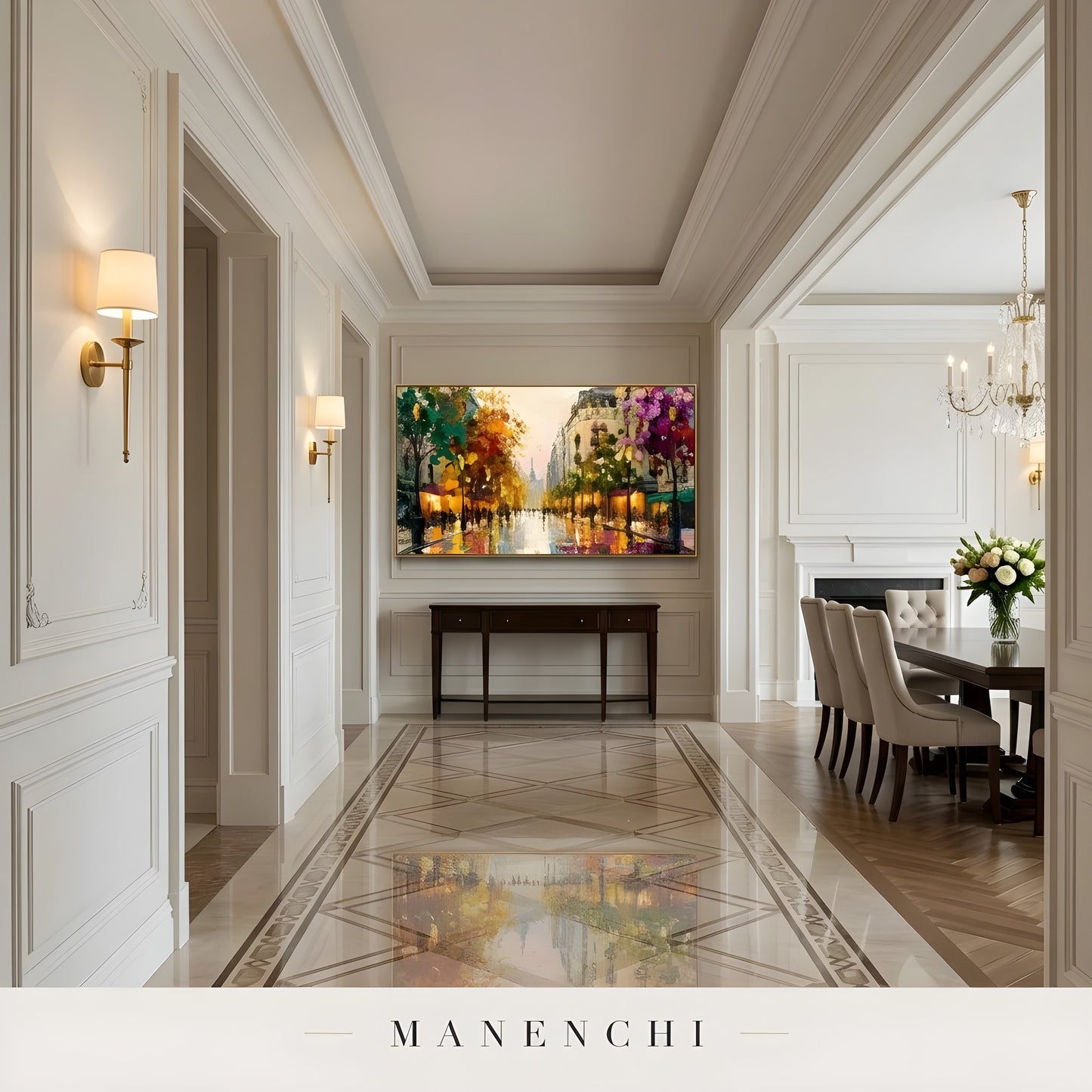 Parisian Autumn Reverie abstract painting displayed in hallway and dining room