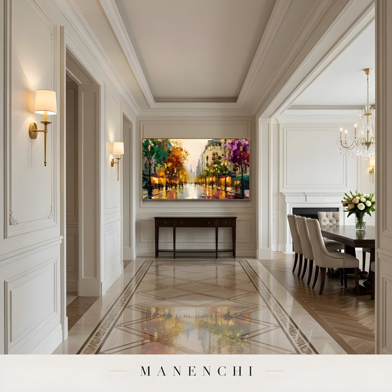 Parisian Autumn Reverie abstract painting displayed in hallway and dining room