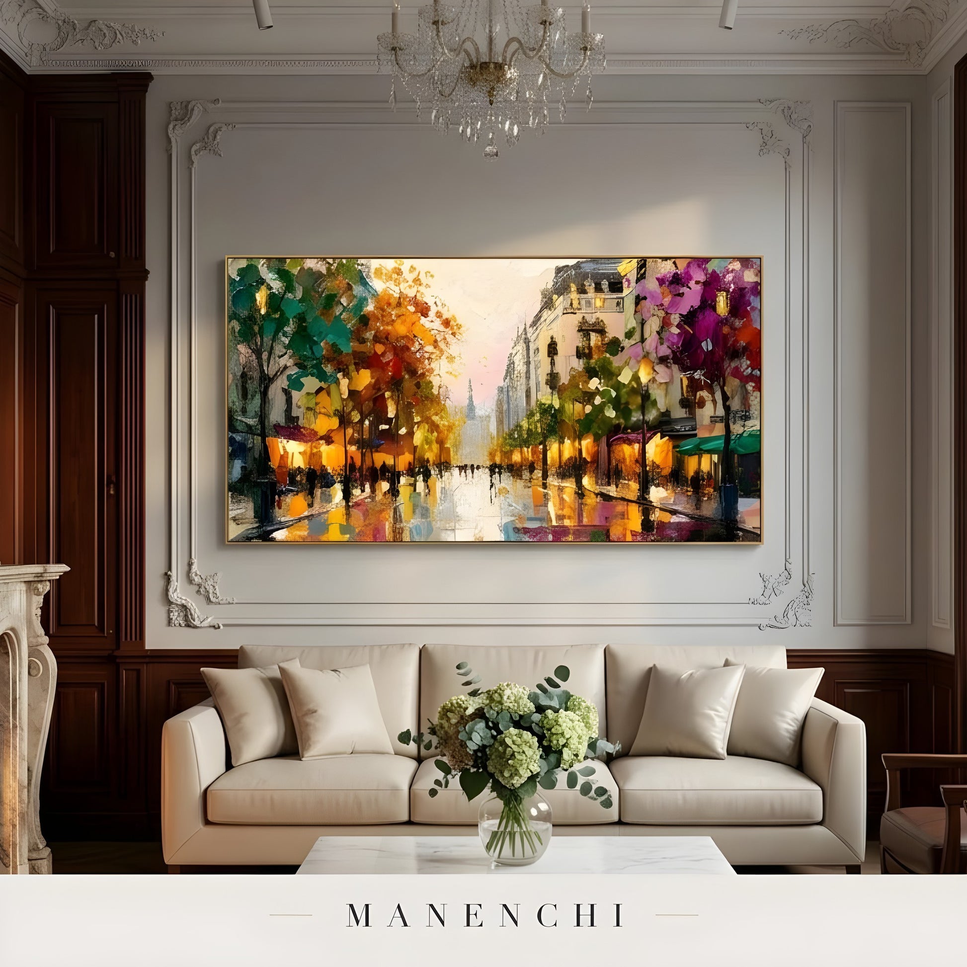 Parisian Autumn Reverie abstract painting displayed in living room