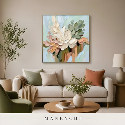 Pastel Botanica Sculpt abstract painting displayed in living room display