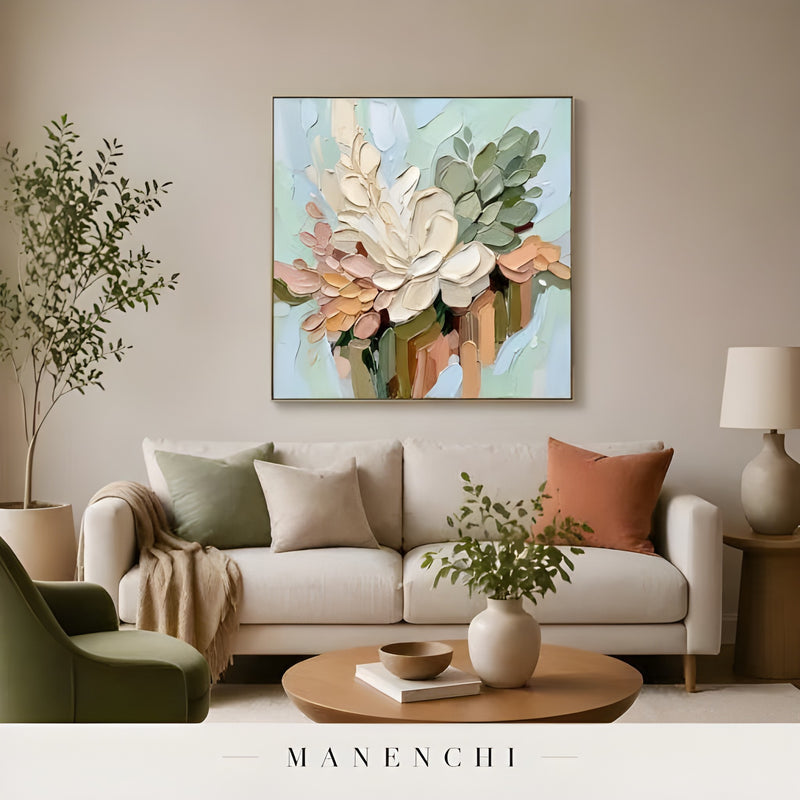 Pastel Botanica Sculpt abstract painting displayed in living room display