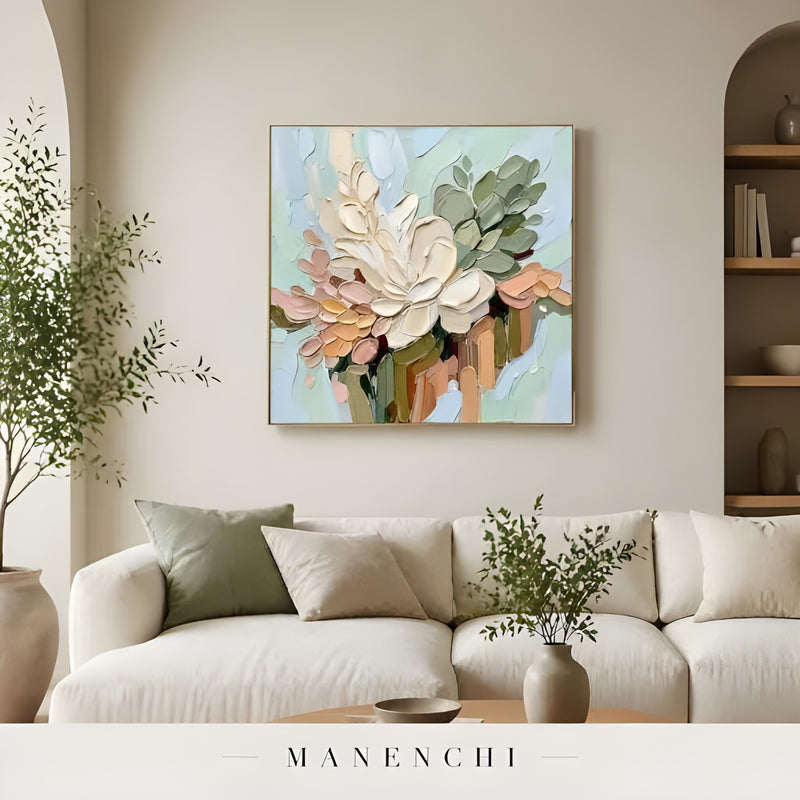 Pastel Botanica Sculpt abstract painting displayed in living room interior