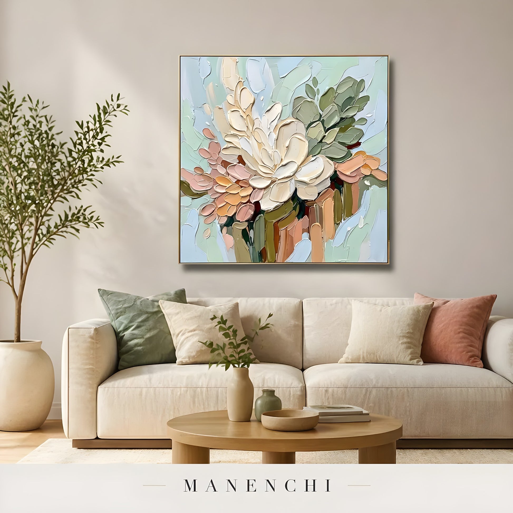 Pastel Botanica Sculpt abstract painting displayed in living room style mockup