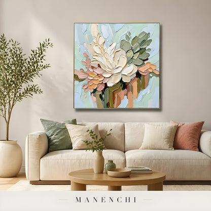 Pastel Botanica Sculpt abstract painting displayed in living room style mockup
