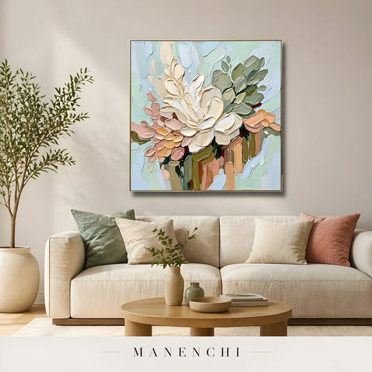Pastel Botanica Sculpt abstract painting displayed in living room style mockup