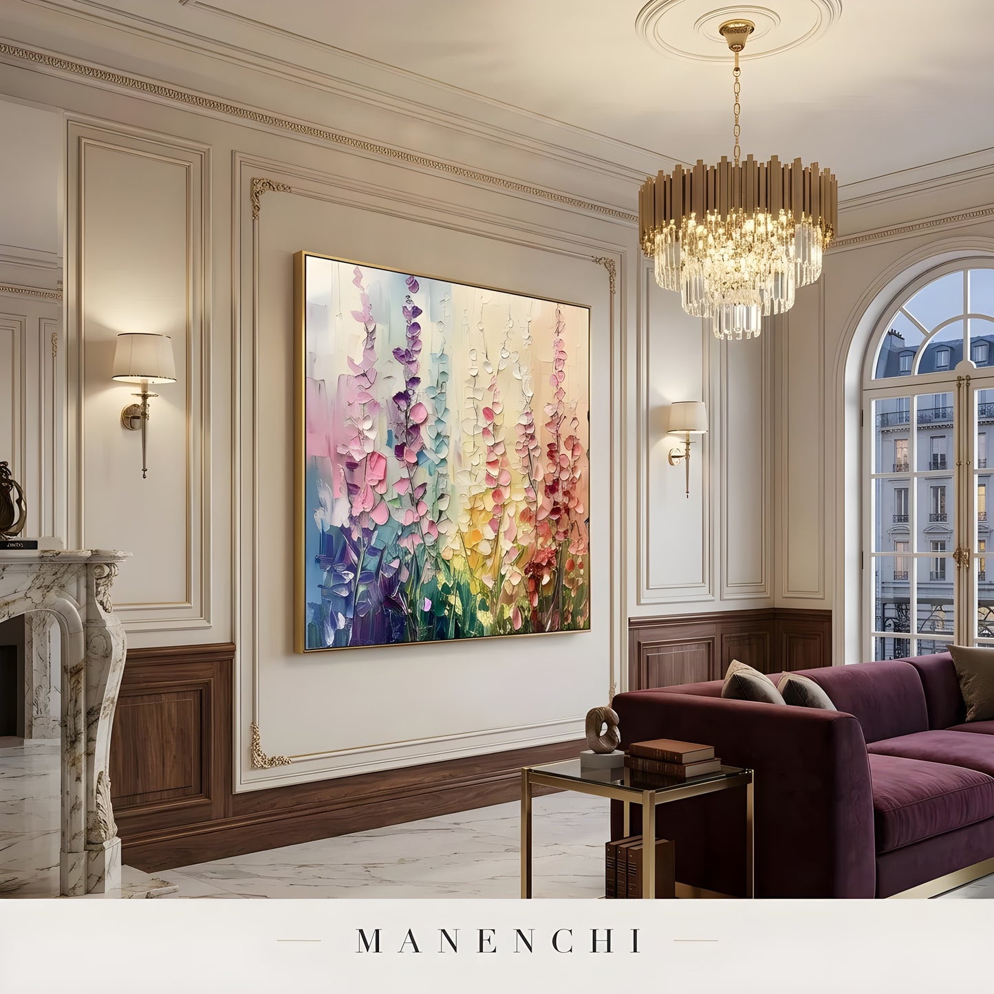 Pastel Botanical Rhapsody abstract painting displayed in elegant classic living room