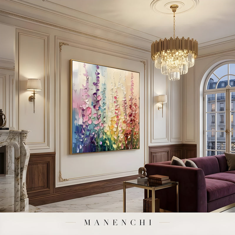 Pastel Botanical Rhapsody abstract painting displayed in elegant classic living room