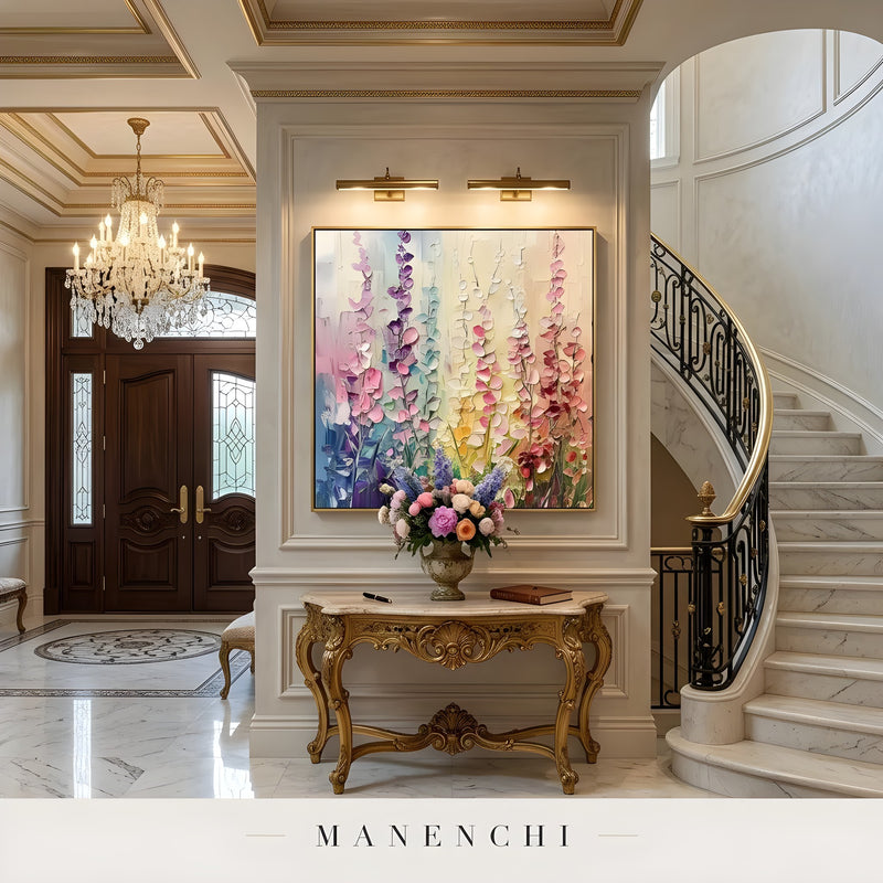 Pastel Botanical Rhapsody abstract painting displayed in luxury grand foyer