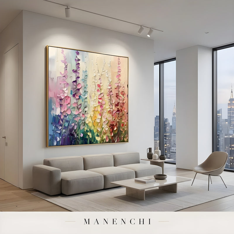 Pastel Botanical Rhapsody abstract painting displayed in minimalist city apartment