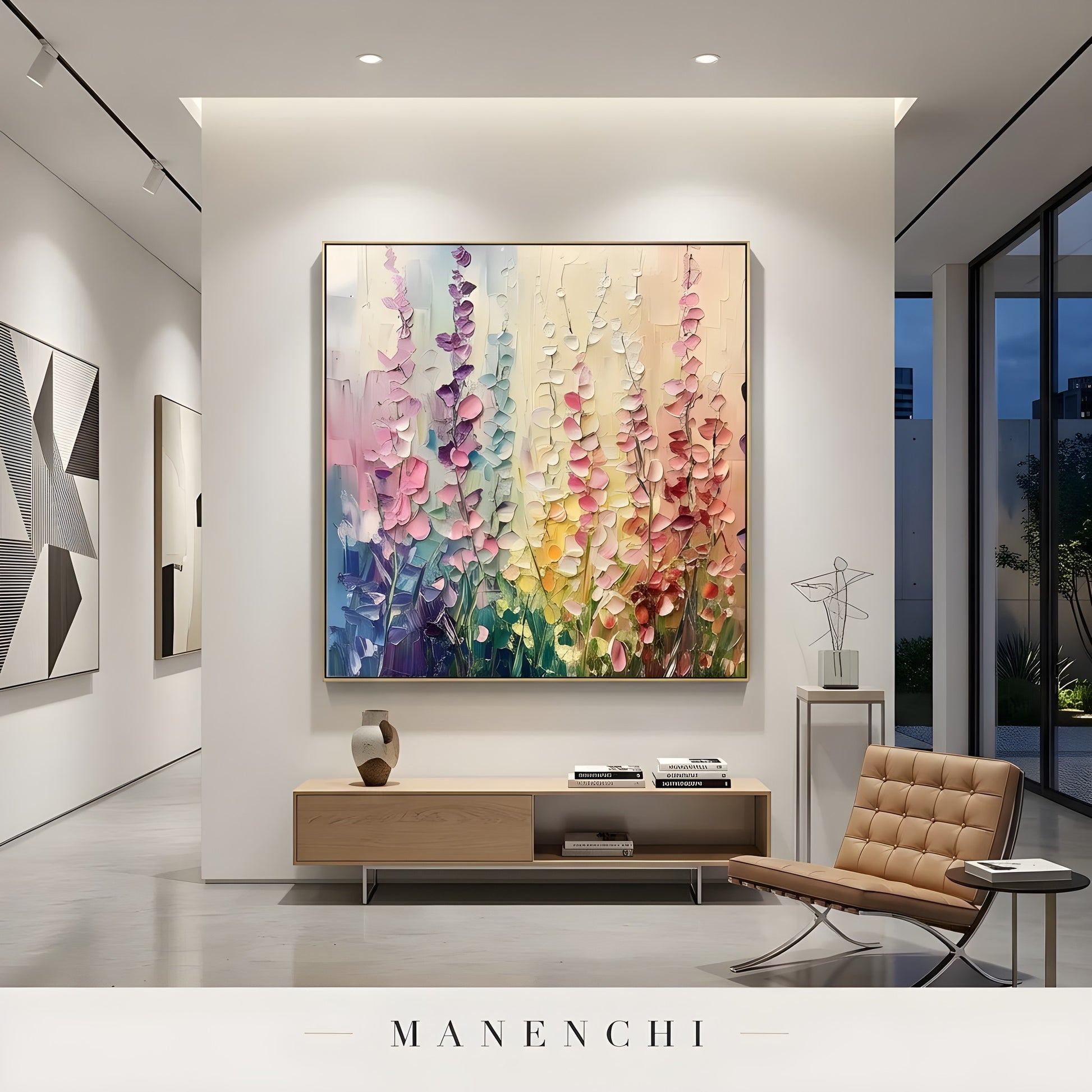 Pastel Botanical Rhapsody abstract painting displayed in modern gallery space
