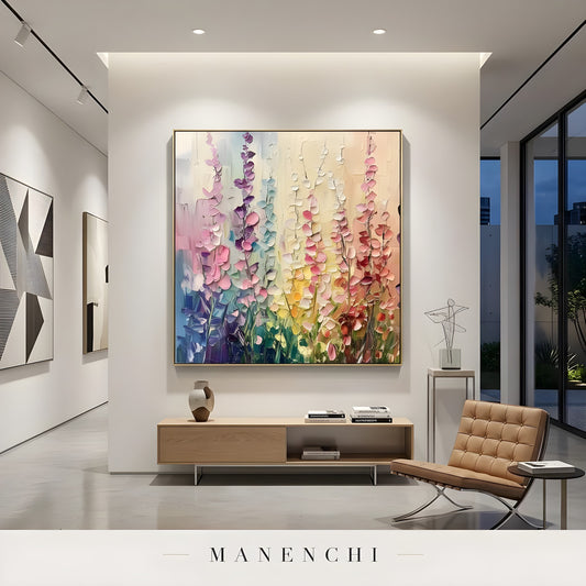 Pastel Botanical Rhapsody abstract painting displayed in modern gallery space
