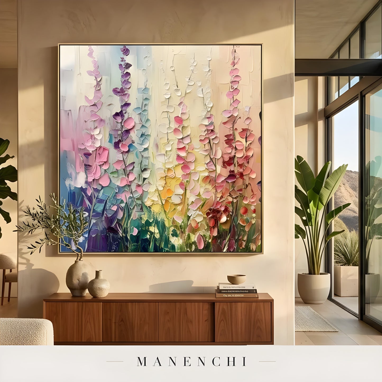 Pastel Botanical Rhapsody abstract painting displayed in warm living room