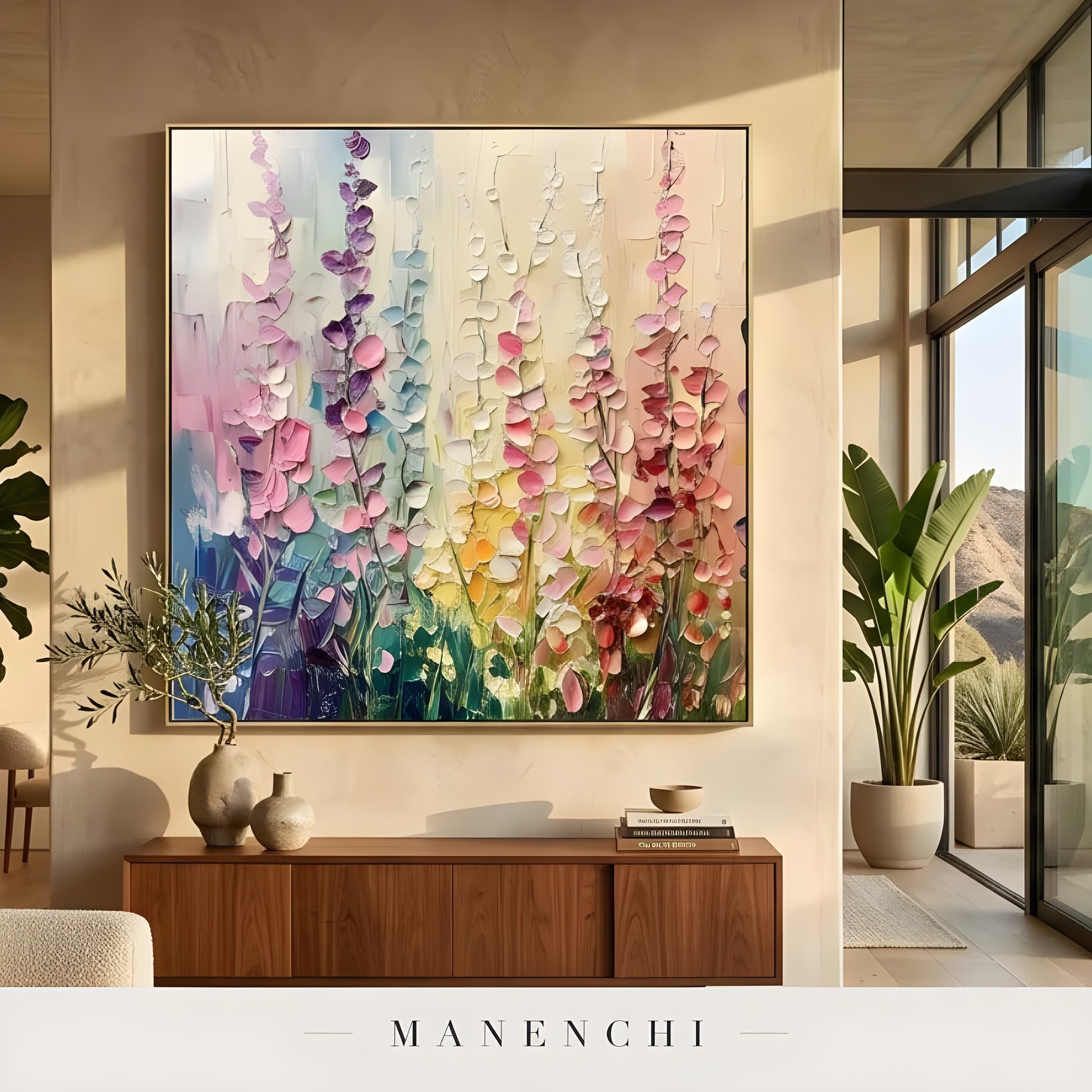 Pastel Botanical Rhapsody abstract painting displayed in warm living room
