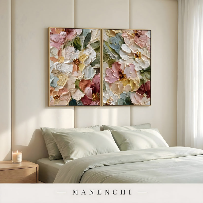 Pastel Flora Diptych abstract painting displayed in bedroom interior scene