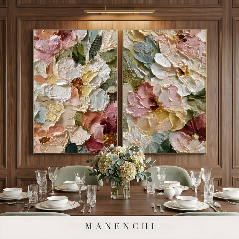 Pastel Flora Diptych abstract painting displayed in dining room table