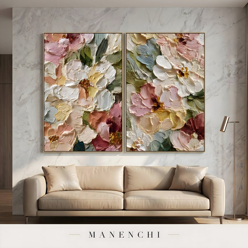 Pastel Flora Diptych abstract painting displayed in living room sofa