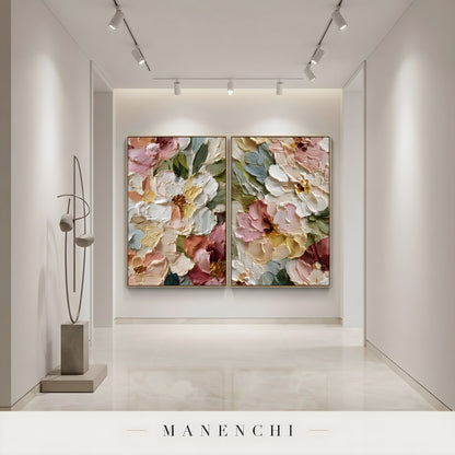 Pastel Flora Diptych - original hand-painted abstract painting by Manenchi