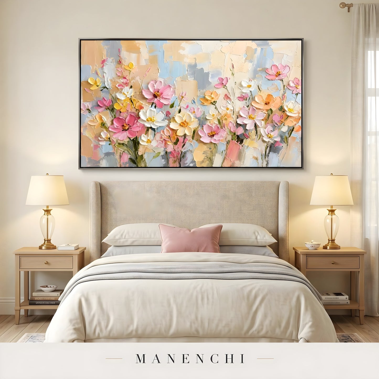 Pastel Meadow Radiance abstract painting displayed in bedroom