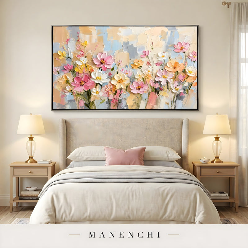 Pastel Meadow Radiance abstract painting displayed in bedroom