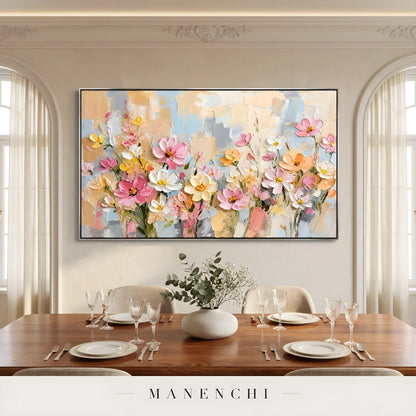 Pastel Meadow Radiance abstract painting displayed in dining room