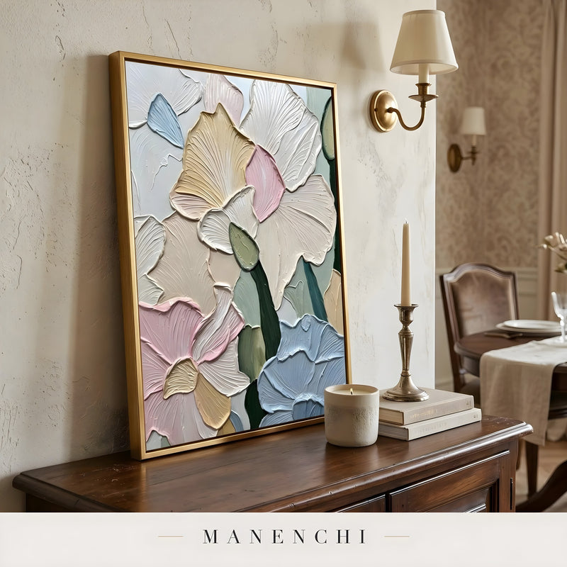 Pastel Petal Mosaic abstract painting displayed in dining room sideboard