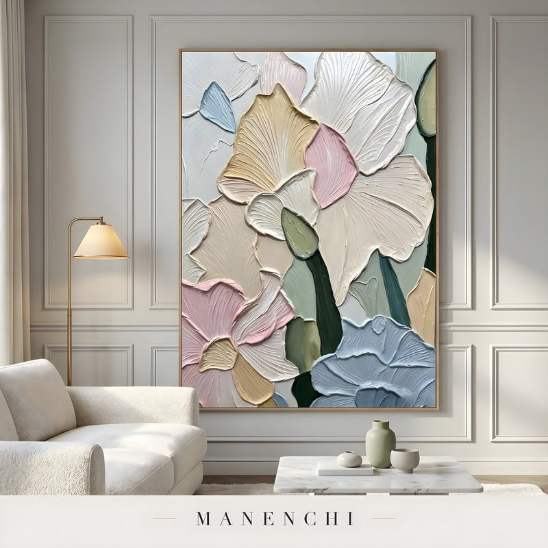 Pastel Petal Mosaic abstract painting displayed in living room display