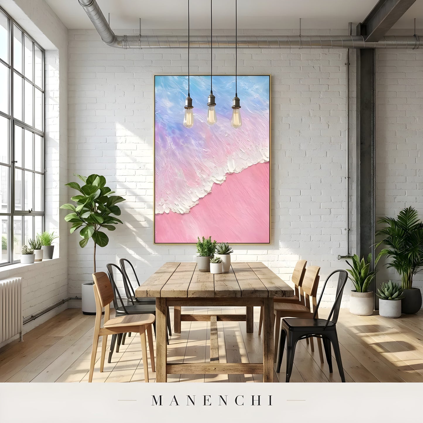 Pastel Tidal Impression abstract painting displayed in dining room interior