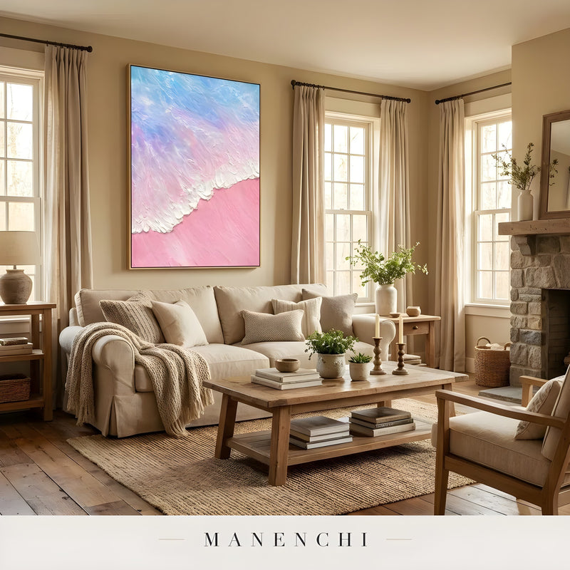Pastel Tidal Impression abstract painting displayed in farmhouse living room interior
