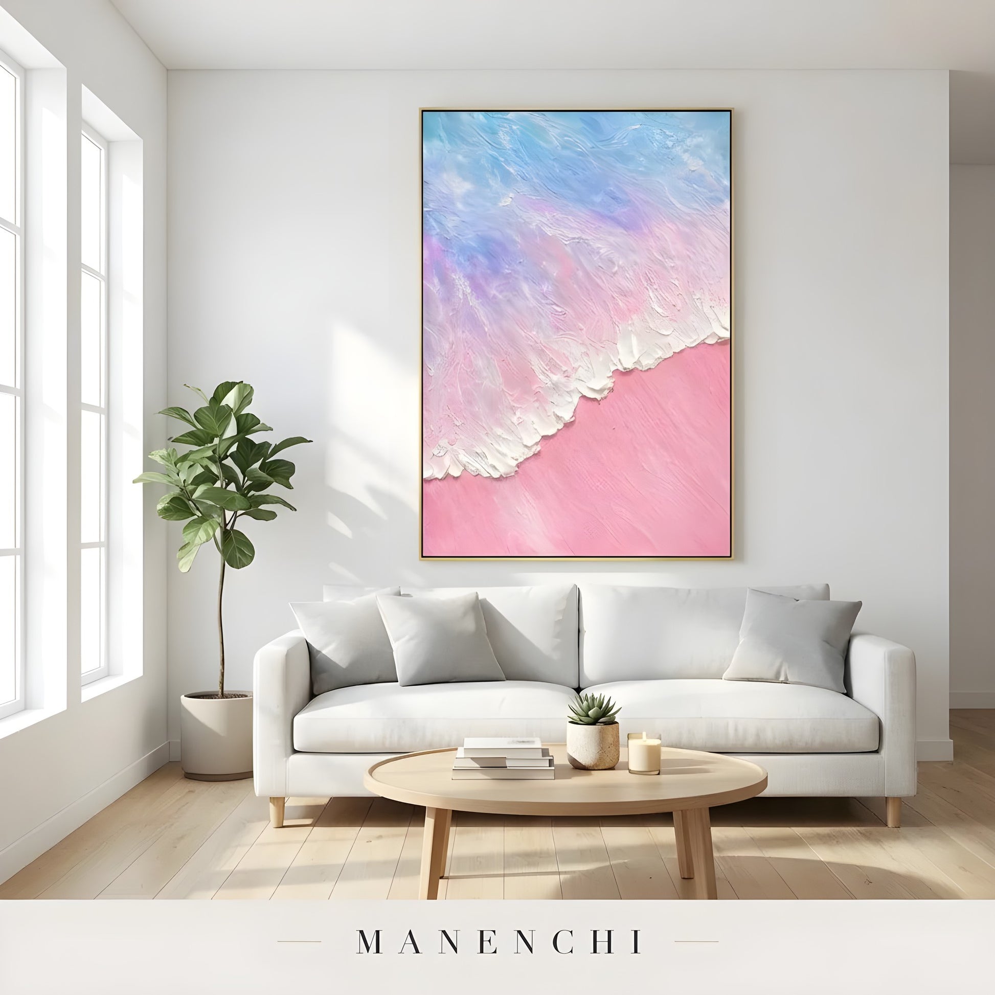 Pastel Tidal Impression abstract painting displayed in white couch living room