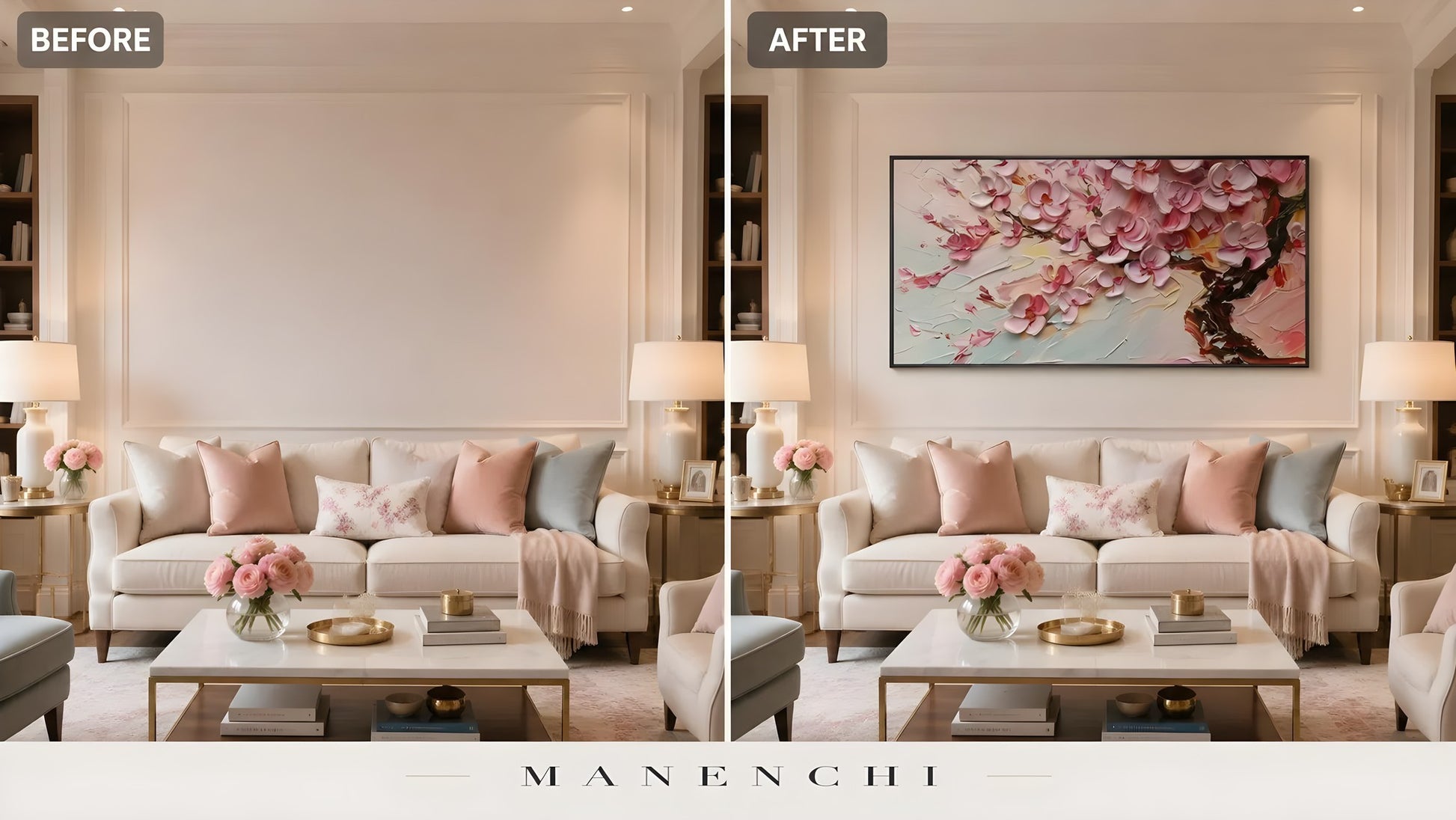 Petal Haven Radiance original hand-painted abstract painting, before and after in a styled room