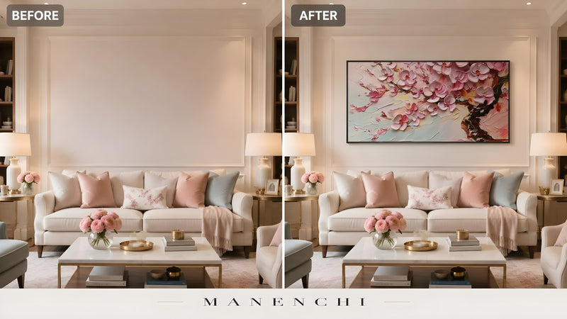 Petal Haven Radiance original hand-painted abstract painting, before and after in a styled room
