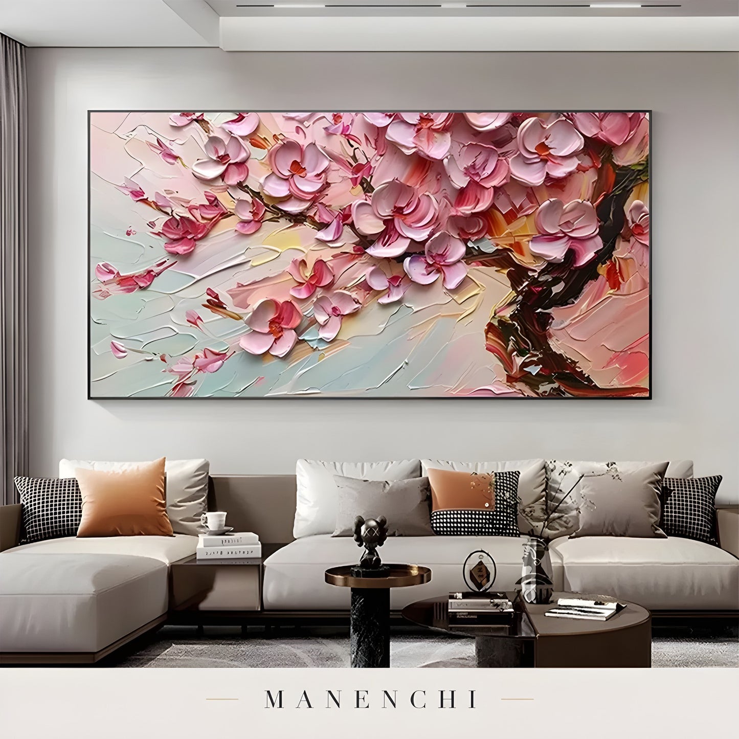 Petal Haven Radiance abstract painting displayed in living room sofa display