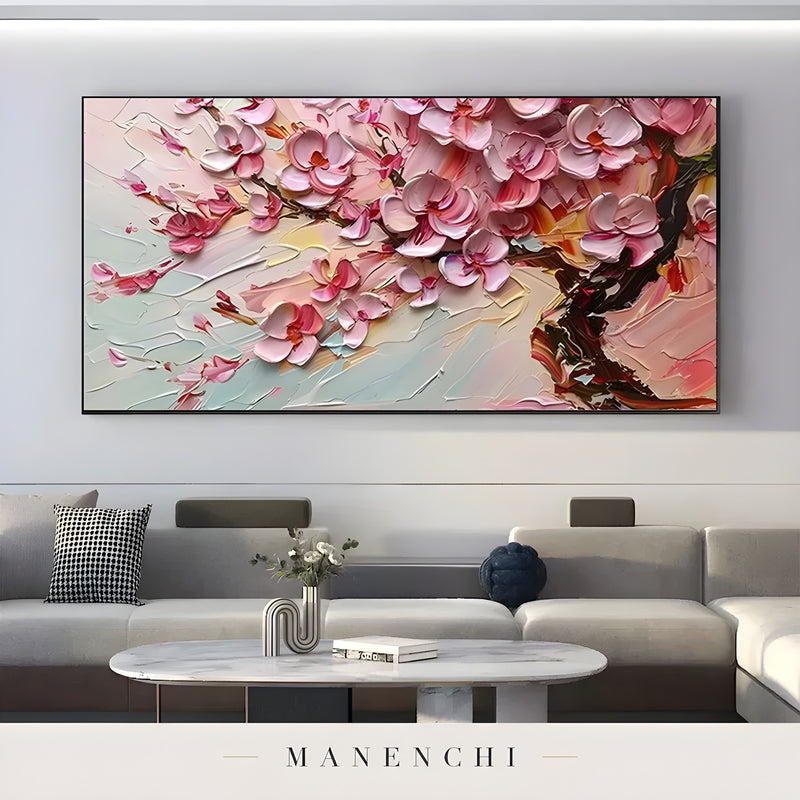 Petal Haven Radiance abstract painting displayed in modern interior living area