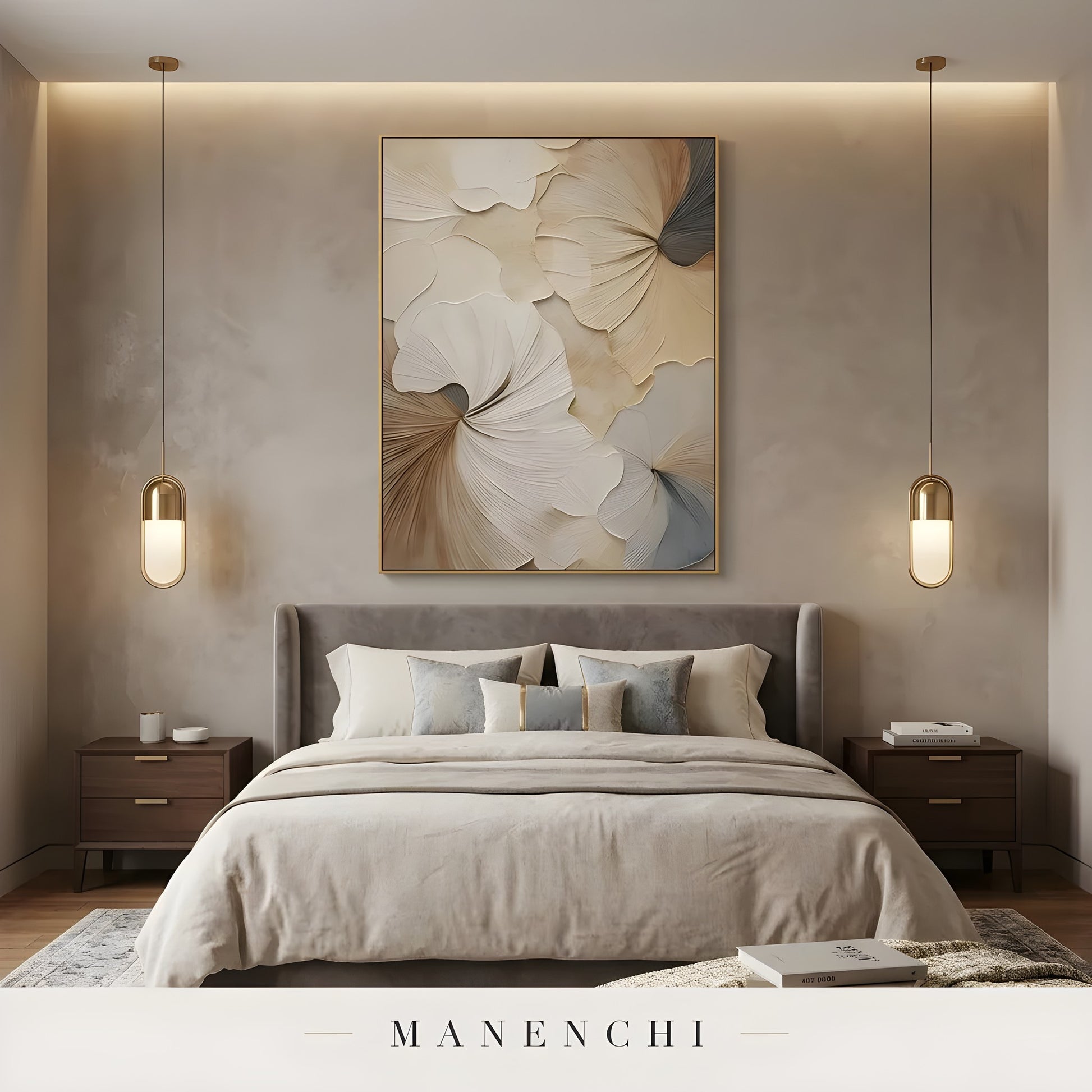 Porcelain Petal Swirl abstract painting displayed in bedroom with painting