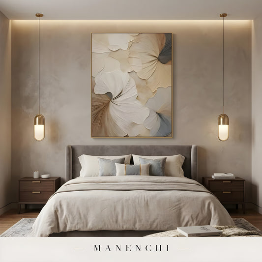 Porcelain Petal Swirl abstract painting displayed in bedroom with painting