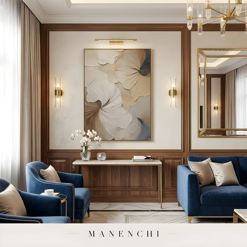 Porcelain Petal Swirl abstract painting displayed in elegant blue living room