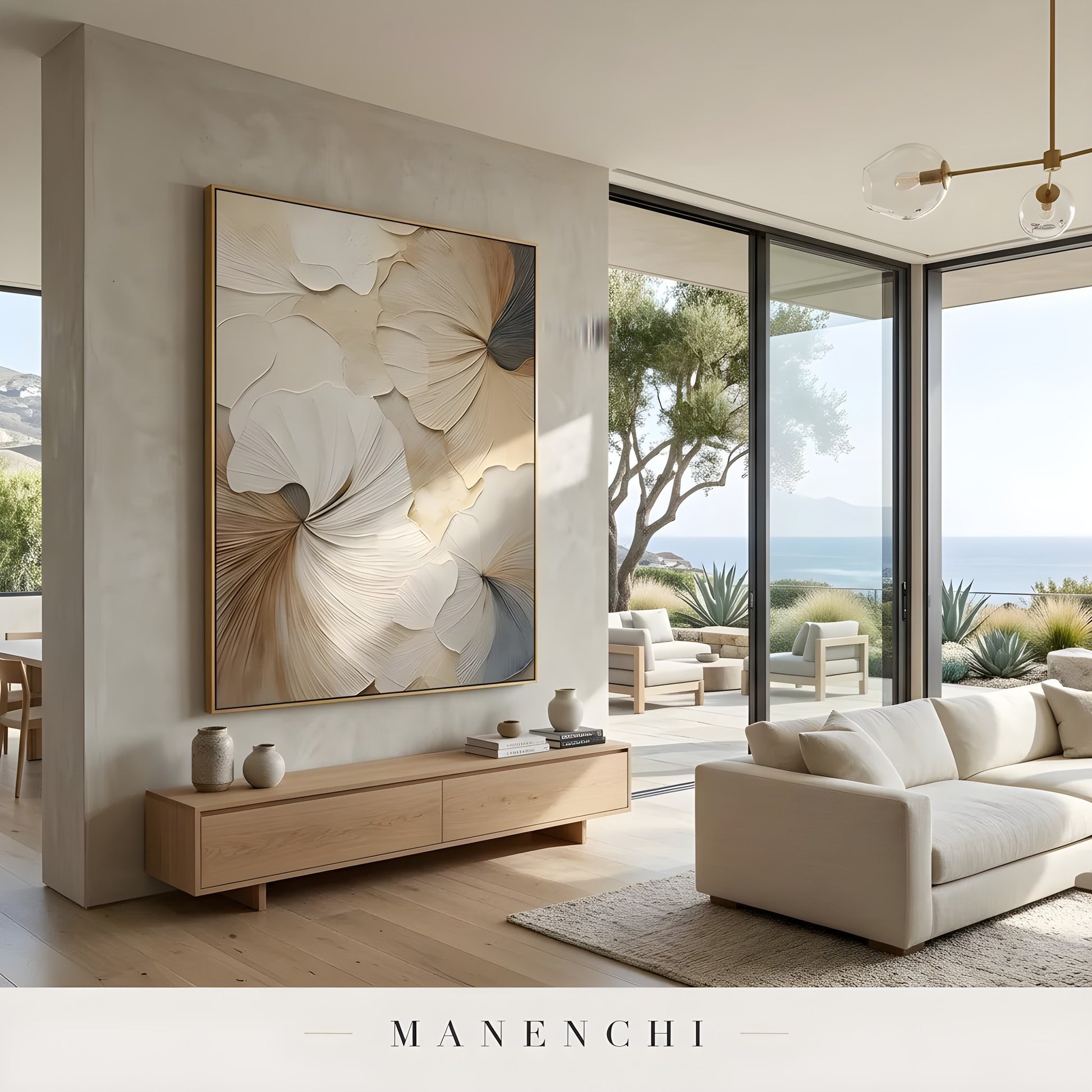 Porcelain Petal Swirl abstract painting displayed in living room ocean view
