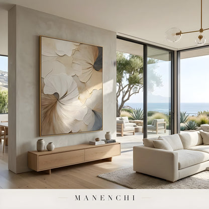Porcelain Petal Swirl abstract painting displayed in living room ocean view