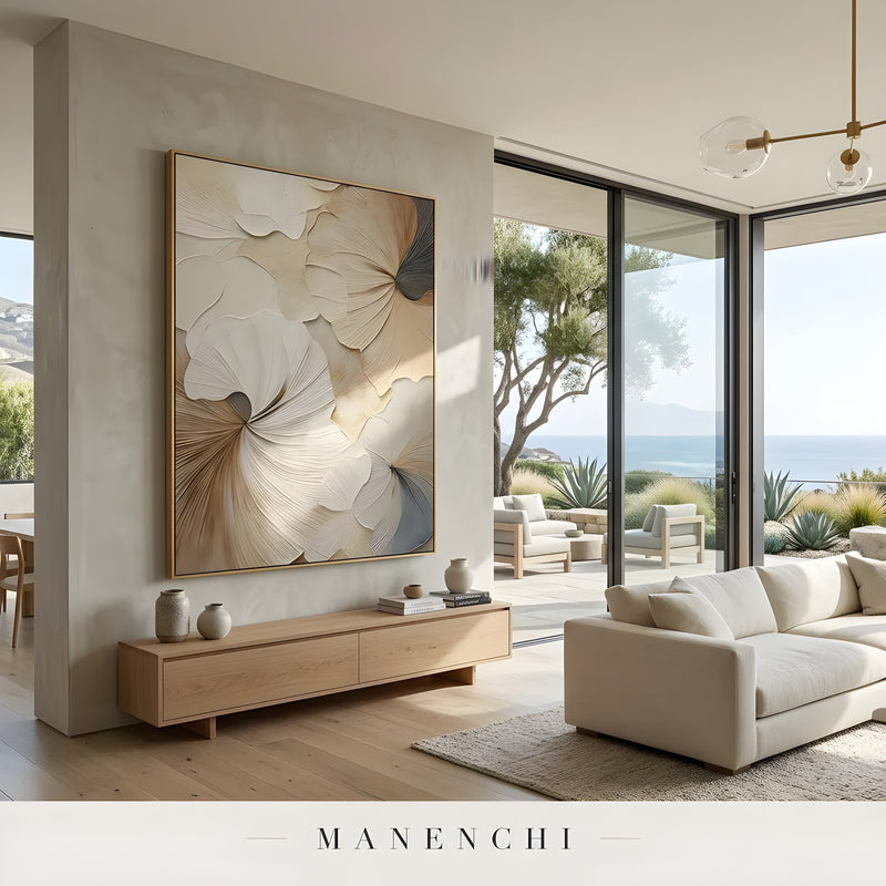 Porcelain Petal Swirl abstract painting displayed in living room ocean view